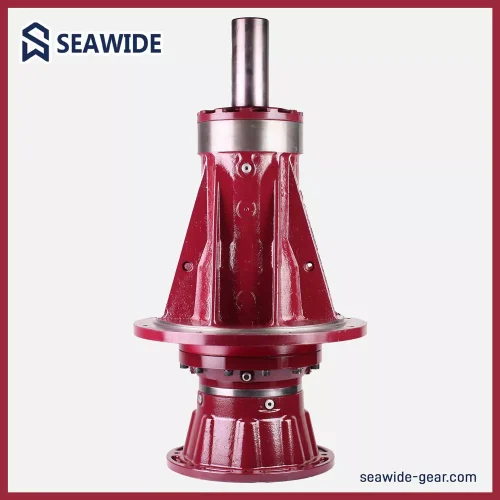 Close-up view of a long-neck flanged output planetary gearbox, showcasing its robust design and precision engineering for industrial applications.